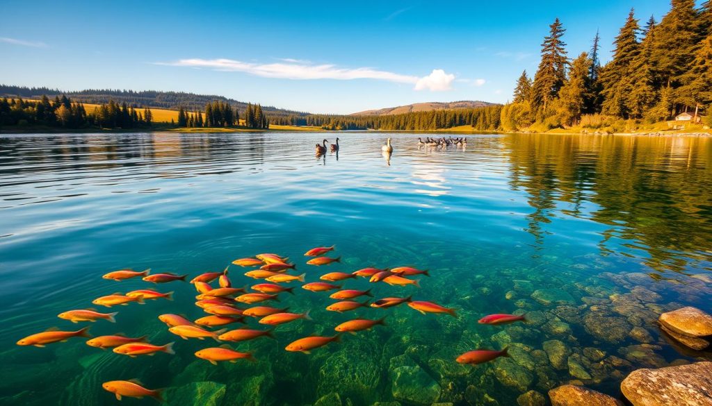 A serene lakeside scene, with crystal-clear waters reflecting the lush foliage surrounding the shores. In the foreground, a school of vibrant fish swim peacefully, while in the middle ground, a family of waterfowl glide across the surface. The background features a gently rolling landscape, dotted with towering evergreen trees and a few wispy clouds in the soft, golden-hour sky. The overall atmosphere conveys a sense of tranquility and harmony, highlighting the natural beauty and ecological balance of this thriving freshwater ecosystem.