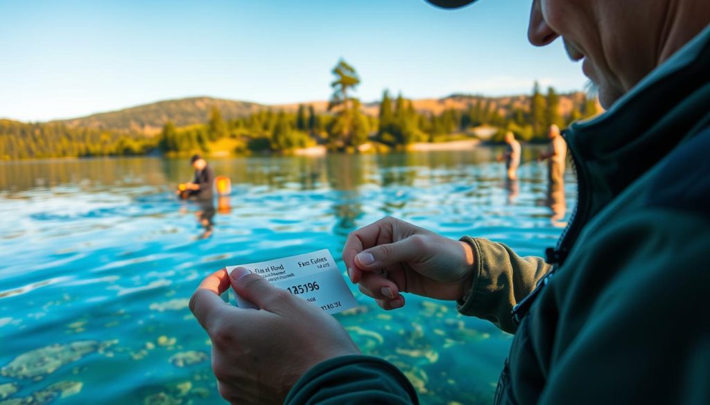 A serene lakeside scene with crystal-clear waters reflecting the surrounding lush foliage. In the foreground, a fisherman carefully checking the expiration date on his fishing license, highlighting the importance of regulatory compliance. The middle ground features a group of anglers engaged in responsible fishing practices, mindful of preserving the delicate aquatic ecosystem. In the background, a scenic landscape with rolling hills, towering pines, and a vibrant blue sky, conveying a sense of natural harmony. Soft, diffused lighting casts a warm, golden glow, creating a tranquil and contemplative atmosphere that emphasizes the need to protect these precious water resources.