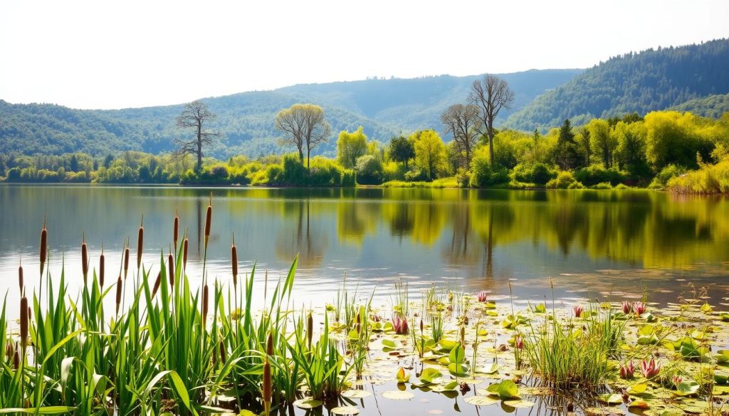 A serene lakeside scene with the pristine waters of Lake Svityaz reflecting the lush, verdant shoreline. In the foreground, a diverse array of native flora - cattails, water lilies, and aquatic grasses - thrive in the shallows, symbolizing the ecological richness of this natural wonder. In the middle ground, towering deciduous trees line the banks, their branches swaying gently in a soft breeze. The background features rolling hills blanketed in dense, verdant forests, hinting at the expansive, untouched wilderness surrounding the lake. Warm, diffused sunlight filters through the canopy, casting a tranquil, golden glow over the scene and highlighting the lake's tranquil, mirror-like surface. The overall mood is one of serene harmony, showcasing the delicate balance and ecological significance of Lake Svityaz.