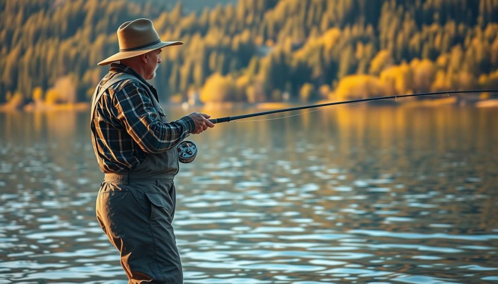A serene lakeside setting in the Carpathian mountains, with a fisherman expertly casting his line into the calm, crystal-clear waters. The scene is bathed in warm, golden afternoon light, casting a gentle glow over the lush, forested shoreline in the background. In the foreground, the fisherman, clad in weathered waders and a wide-brimmed hat, focuses intently on the task at hand, his movements fluid and precise as he manipulates his fishing rod. The image conveys a sense of tranquility and the timeless traditions of mountain fishing, showcasing the essential techniques and skills required for a successful outing.