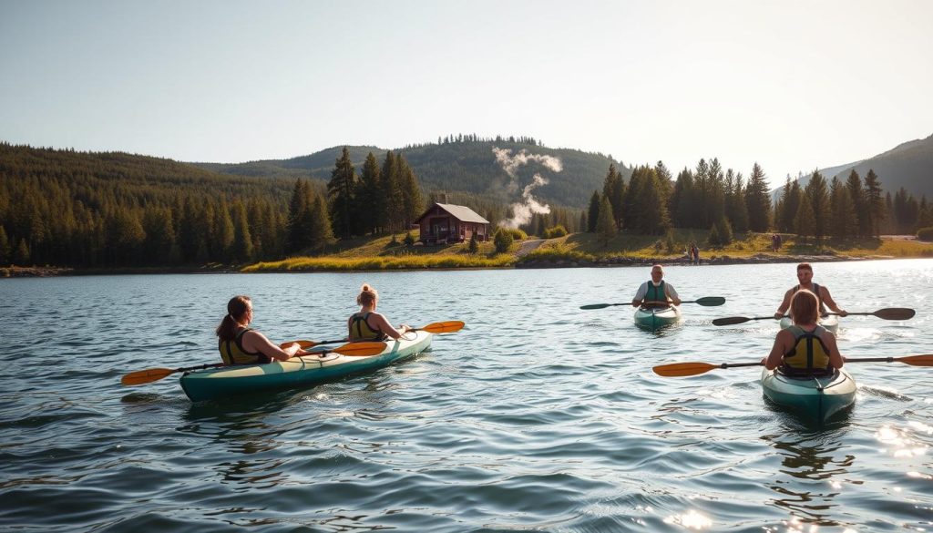 A serene lakeside setting in the heart of nature, with a group of friends engaged in various outdoor activities. In the foreground, a group of people kayaking on a calm, glimmering lake, their paddles creating gentle ripples. In the middle ground, a group of hikers trekking through a lush, verdant forest, their backpacks and hiking gear visible. In the background, a picturesque wooden cabin nestled among rolling hills, with a swirling plume of smoke from a cozy fireplace. The scene is bathed in warm, golden afternoon light, creating a sense of tranquility and adventure. The overall mood is one of relaxation, rejuvenation, and the joy of active outdoor pursuits.