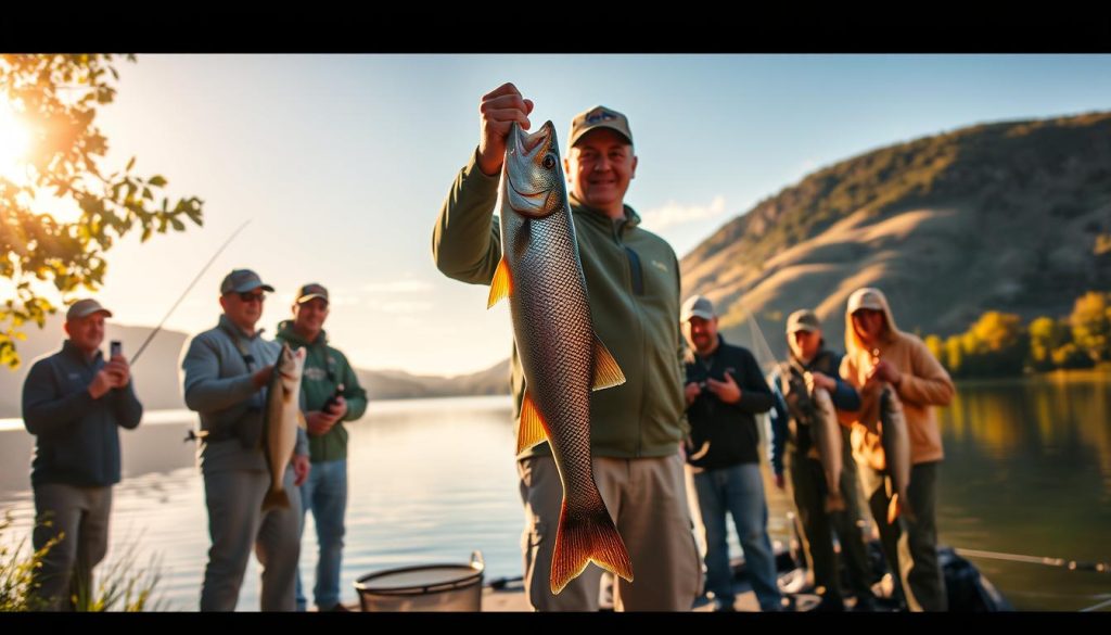 A serene lakeside setting, with a group of anglers proudly displaying their bountiful catches. The warm, golden sunlight filters through the lush foliage, casting a tranquil glow over the scene. In the foreground, a fisherman stands tall, holding up a sizeable trout, its scales glistening in the light. In the middle ground, others gather around, sharing their stories and showcasing their own impressive hauls. The background features a picturesque landscape, with rolling hills and a clear, still body of water reflecting the vibrant colors of the sky. The overall atmosphere exudes a sense of camaraderie, achievement, and the joys of a successful day on the water.