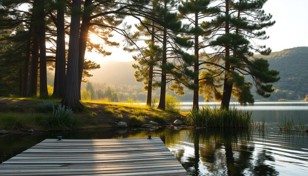 A serene lakeside setting, with a lush, verdant shoreline framed by towering pine trees. In the foreground, a weathered wooden dock extends into the calm, mirror-like waters, creating the perfect spot for a patient angler to cast their line in search of the elusive carp. The mid-ground features a gently sloping bank, dotted with reeds and cattails, hinting at the potential hiding spots for the prized fish. Soft, diffused sunlight filters through the canopy, casting a warm, golden glow across the scene, evoking a sense of tranquility and anticipation. The background showcases rolling hills, blanketed in a tapestry of lush, verdant foliage, adding depth and a serene, natural backdrop to the idyllic fishing spot.