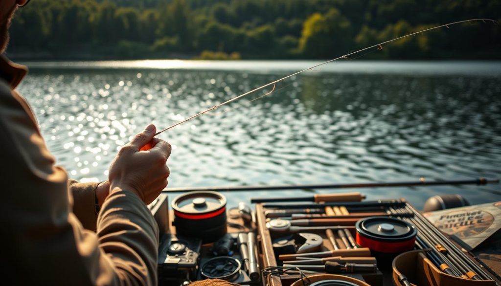 A serene lakeside setting, with a skilled angler demonstrating the art of fly fishing. In the foreground, the fisherman's hands delicately manipulate the line, casting it gracefully onto the glimmering water. The middle ground showcases an array of fishing equipment, neatly organized and ready for use. In the background, a lush, verdant landscape frames the scene, creating a sense of tranquility and connection with nature. The lighting is soft and diffused, casting a warm, golden glow over the entire composition. The camera angle is slightly elevated, providing a panoramic view of the fishing techniques being taught.