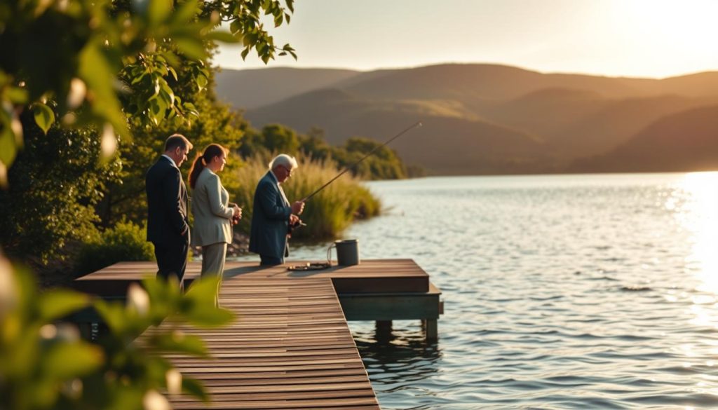 A serene lakeside setting with a small group of businesspeople gathered, intently focused on their fishing lines. The sun's golden glow casts a warm ambiance, with gentle ripples on the water's surface. In the foreground, a wooden dock extends out, providing a perfect vantage point for the corporate fishing retreat. The middle ground features lush, verdant foliage framing the scene, while the background showcases rolling hills and a cloudless sky. The mood is one of relaxation, camaraderie, and a chance to unwind from the stresses of the office. A professional, high-quality camera captures the scene, with a shallow depth of field that artfully blurs the background, keeping the focus on the engaged fishermen.