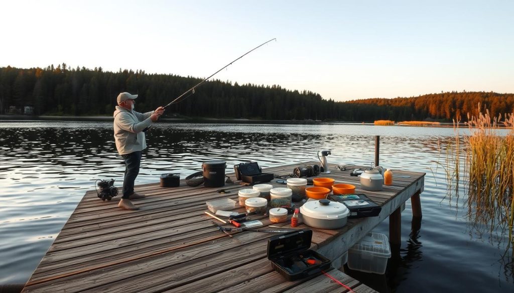 A serene lakeside setting with a weathered wooden dock extending into the calm waters. In the foreground, an experienced angler casts their line, their movements fluid and precise. The middle ground showcases an array of fishing gear, tackle boxes, and bait, neatly organized and ready for use. In the background, a lush, densely forested landscape provides a tranquil backdrop, with the golden hues of the setting sun casting a warm glow over the entire scene. The lighting is soft and diffused, creating a welcoming and inviting atmosphere, perfect for a successful day of fishing.