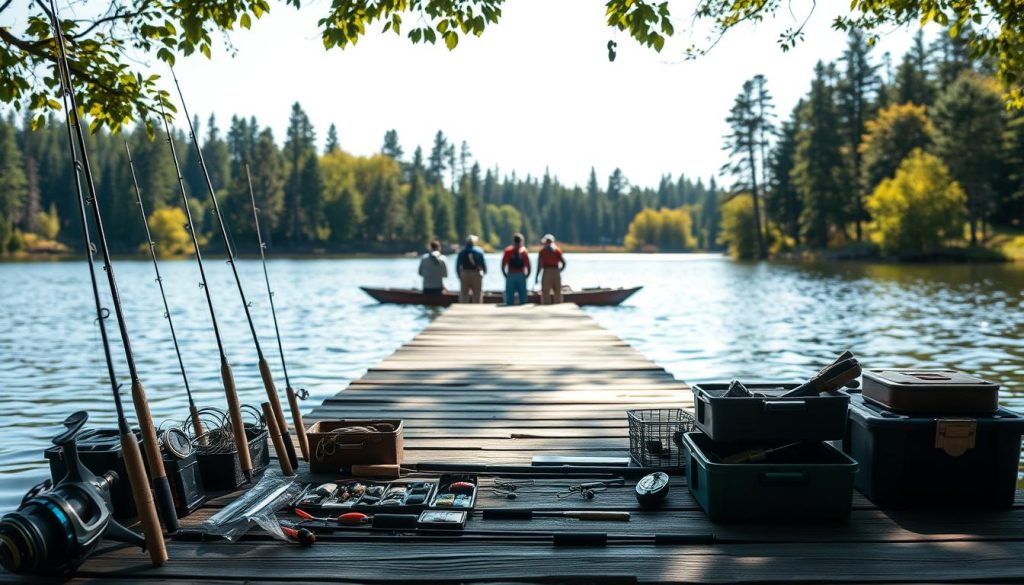 A serene lakeside setting, with a wooden dock extending into the calm waters. In the foreground, an array of fishing rods, lures, and tackle boxes, neatly arranged, inviting the viewer to imagine the thrill of the catch. The middle ground features a group of anglers, silhouetted against the backdrop of the gently rippling lake, their focused expressions reflecting the concentration of the sport. In the distance, a forest of tall pines and deciduous trees frames the scene, the dappled sunlight filtering through the foliage and casting a warm, natural glow over the entire composition. The overall atmosphere conveys a sense of tranquility and the allure of the great outdoors, perfectly suited for a section on "Frequently Asked Questions about Fishing Tours" within an article on "Organizing Corporate Fishing Trips".