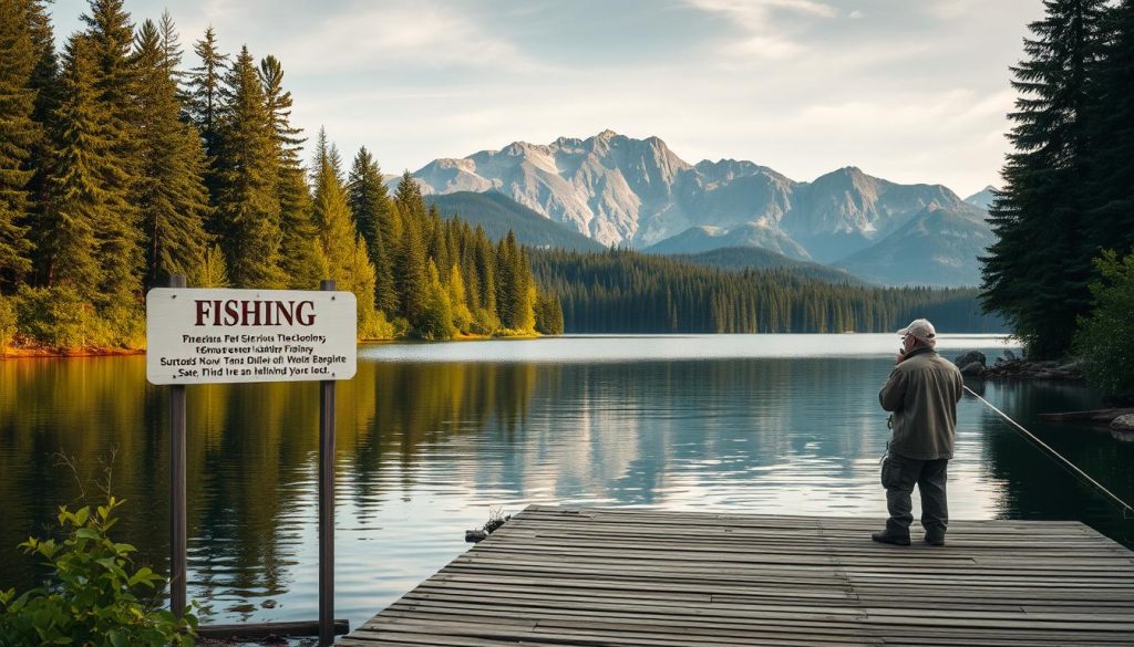 A serene lakeside setting with a wooden dock, surrounded by lush green foliage and towering pines. In the foreground, a fisherman casts his line into the calm, reflective waters, mindful of the rules and regulations that ensure the preservation of the natural environment. The middle ground features a signpost outlining the fishing guidelines, emphasizing the importance of sustainable practices. In the background, a breathtaking mountain range frames the scene, conveying a sense of tranquility and the delicate balance between human activity and the untamed beauty of nature. Warm, diffused lighting casts a soft glow over the entire composition, creating a peaceful and inviting atmosphere.