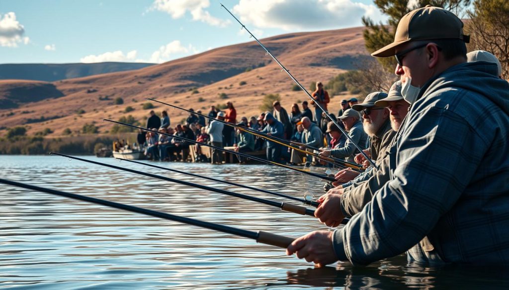 A serene lakeside setting with fishermen engaged in a captivating fishing competition. The foreground depicts anglers casting their lines into the still waters, their faces alight with focused determination. In the middle ground, a crowd of spectators gathers around, cheering on the participants. The background showcases the stunning natural landscape, with rolling hills, lush vegetation, and a cloudless sky that bathes the scene in warm, golden light. The lens captures the event from a low angle, emphasizing the scale and grandeur of the occasion, while the overall mood conveys a sense of excitement, camaraderie, and the thrill of the chase.