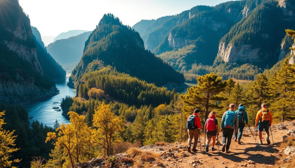 A serene landscape in the Dniester Canyon, Bakota, Ukraine. In the foreground, a group of adventurous hikers traverse a rugged trail, their backpacks and hiking gear suggesting an active exploration of the natural wonder. The middle ground features a majestic river winding through the dramatic limestone cliffs, the clear blue water reflecting the surrounding lush foliage. In the background, towering pine-covered hills rise up, creating a sense of scale and grandeur. The scene is illuminated by warm, golden sunlight, casting a gentle glow over the entire setting and evoking a peaceful, tranquil atmosphere. The overall composition conveys the thrill of active recreation amidst the stunning natural beauty of the Dniester Canyon.