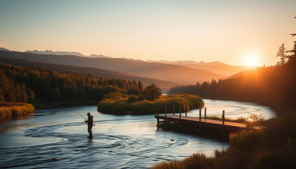 A serene landscape of a meandering river surrounded by lush, verdant forests. In the foreground, a lone angler casts their line into the gently flowing waters, their silhouette framed against the golden rays of the setting sun. In the middle ground, a wooden dock juts out into the river, inviting further exploration. The background is dotted with rolling hills and the distant peaks of snow-capped mountains, creating a sense of tranquility and adventure. The scene is illuminated by soft, natural lighting, capturing the essence of a peaceful fishing retreat.