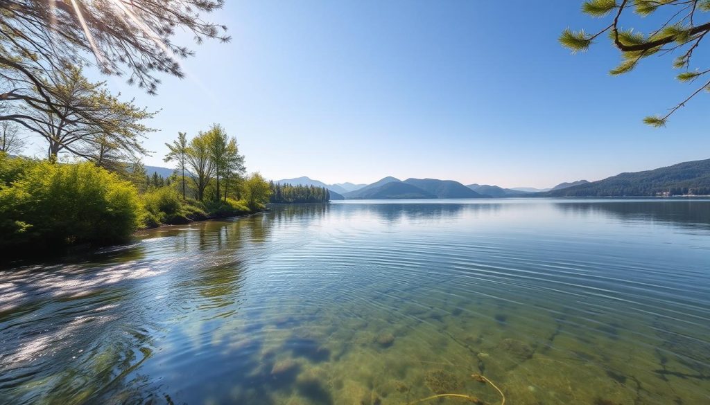 A serene landscape of clear, tranquil lakes and rivers in the heart of Ukraine. In the foreground, a pristine river flows gently, its waters reflecting the lush, verdant banks and swaying trees. Rays of warm, diffused sunlight filter through the branches, casting a soft, natural glow across the scene. In the middle ground, a picturesque lake shimmers, its surface like a mirror, revealing the stunning reflection of the surrounding mountains and forests. Farther back, rolling hills and dense, untouched woodlands stretch out, creating a sense of depth and natural harmony. The overall atmosphere is one of peace, purity, and the unspoiled beauty of Ukraine's pristine waterways.