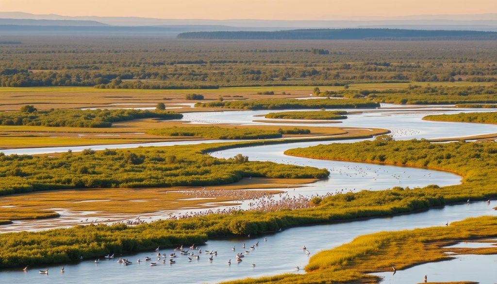 A serene landscape of the Dnieper River Delta in Ukraine, bathed in warm golden light. In the foreground, a tranquil river channel winds through lush wetlands, populated by a variety of waterfowl. The middle ground features a maze of small islands and inlets, covered in dense, verdant vegetation. In the background, the horizon is dominated by the distant, hazy silhouettes of forested hills. The scene evokes a sense of natural harmony and the abundance of aquatic life thriving in this productive ecosystem. Captured with a wide-angle lens to convey the vastness and complexity of this important river delta, a prime fishing destination.