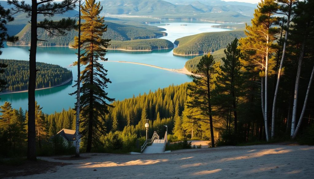 A serene landscape of the Shatsk Lakes in Ukraine, captured at golden hour. The clear, turquoise waters of the interconnected lakes reflect the lush, verdant forests and rolling hills that surround them. In the foreground, a sandy beach invites visitors to relax and take in the tranquil atmosphere. Towering pines and birch trees line the shore, casting gentle shadows over the scene. The warm, soft lighting bathes the entire vista in a warm, golden glow, creating a sense of peace and relaxation. This picturesque setting, with its pristine natural beauty, offers a truly unique and rejuvenating vacation experience compared to more crowded, commercialized resort destinations.