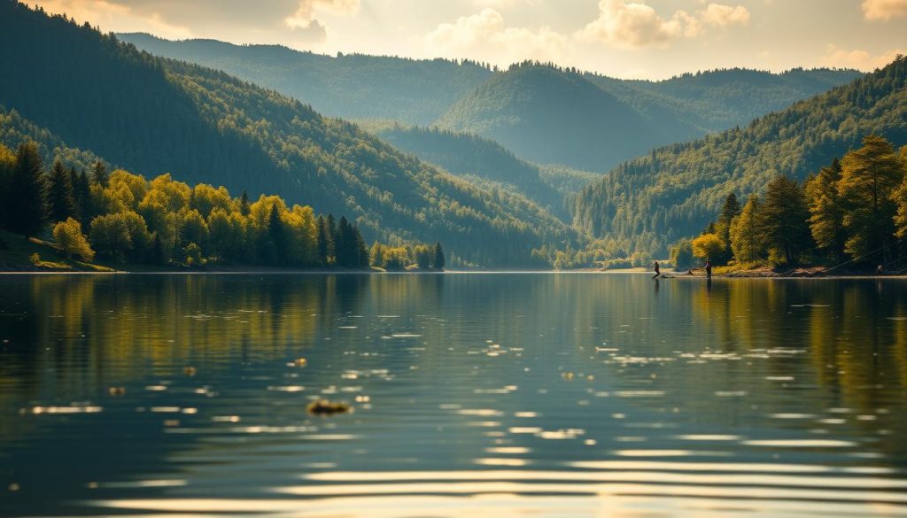 A serene landscape of Ukrainian lakes, showcasing the best fishing routes. In the foreground, a peaceful body of water reflects the surrounding trees and mountains. In the middle ground, anglers cast their lines, patiently waiting for the catch of the day. The background is a panoramic view of lush, verdant hills and forests, creating a picturesque setting. Warm, golden sunlight filters through the scene, casting a cozy, inviting atmosphere. The lens captures the scene with a wide, cinematic angle, emphasizing the vastness and tranquility of the environment. This image conveys the essence of the best fishing routes across Ukraine's magnificent lakes.