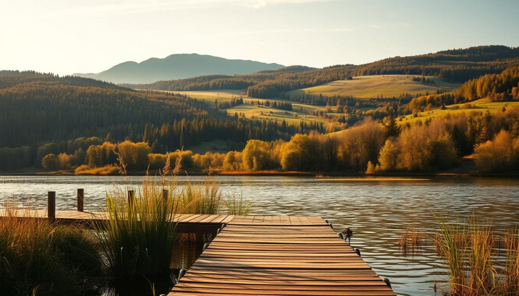 A serene landscape with lush green forests and gently rolling hills, dotted with various lakes and rivers teeming with fish. The scene is bathed in warm, golden sunlight, creating a picturesque and inviting atmosphere. In the foreground, a wooden dock extends out into a tranquil lake, where an angler casts their line, patiently waiting for the telltale tug of a hungry catch. The background features a panoramic view of the Ukrainian countryside, with mountains in the distance adding to the sense of scale and grandeur. The overall composition conveys the tranquility and natural beauty of the best fishing spots in Ukraine, perfect for a peaceful and productive spring fishing expedition.