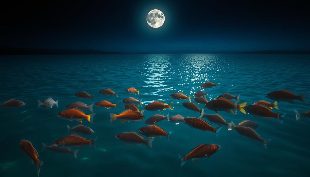 A serene moonlit lake at night, with a school of vibrant fish swimming in the shimmering waters. The fish are active and energetic, their sleek bodies gliding effortlessly through the cool, tranquil depths. The surface of the lake is calm, reflecting the soft, silvery light of the full moon overhead. The scene is bathed in a warm, atmospheric glow, capturing the tranquility and rhythm of the lunar cycle that guides the fishing season. The image conveys the harmony between the moon's influence and the natural behaviors of the fish, setting the stage for a successful and bountiful catch.