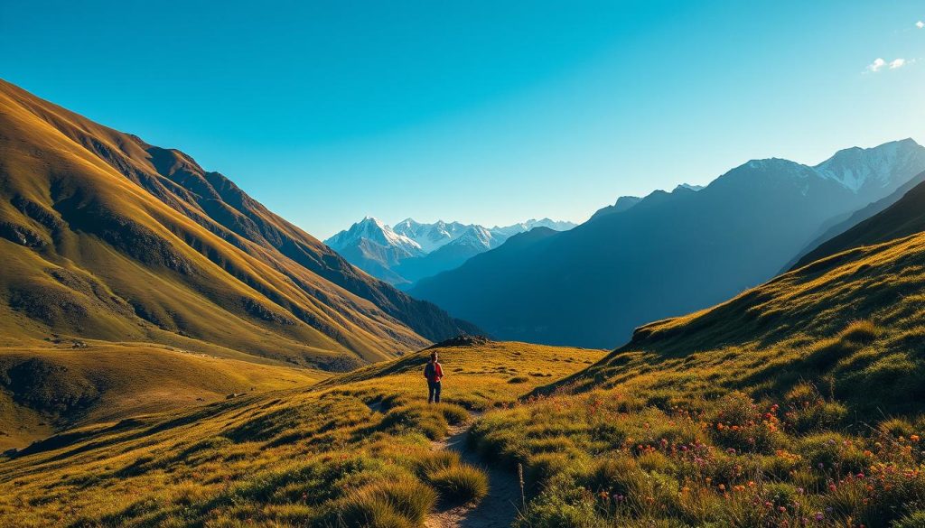 A serene mountain landscape with gentle, rolling peaks in the foreground, their slopes covered in lush, verdant vegetation. The middle ground features a picturesque hiking trail winding through a meadow dotted with vibrant wildflowers. In the distance, majestic snow-capped mountains rise against a clear, azure sky, bathed in warm, golden sunlight. The scene conveys a sense of tranquility and invites the viewer to embark on an accessible, beginner-friendly adventure in the great outdoors.