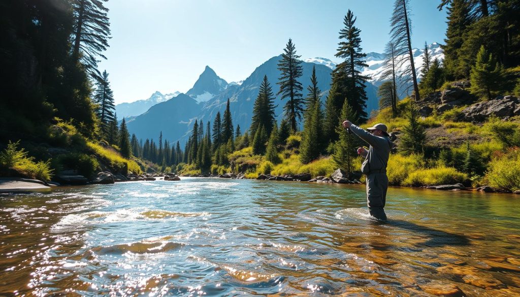 A serene mountain river flowing through an unspoiled wilderness, its banks dotted with lush greenery. In the foreground, a fisherman stands waist-deep in the crystal-clear waters, delicately casting his line, mindful of the fragile ecosystem around him. Sunlight filters through the canopy of towering pines, casting a warm, natural glow over the scene. The background reveals rugged, snow-capped peaks, a testament to the pristine natural beauty that must be protected. The image conveys a sense of harmony between man and nature, highlighting the importance of sustainable, eco-conscious fishing practices in these fragile mountain environments.