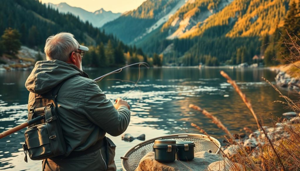 A serene mountain river in the Carpathians, its crisp waters reflecting the lush green forests and rugged peaks. In the foreground, an experienced angler carefully casts their line, their concentration etched on their face. Intricately detailed fishing gear, rods, and tackle boxes line the riverbank, hints of the hard-earned knowledge and techniques required for a successful catch. The warm, golden light of a late afternoon infuses the scene, creating a contemplative, almost mystical atmosphere. Subtle hints of the local flora and fauna - a flutter of wings, a rustling in the bushes - add to the naturalistic ambiance. This picturesque landscape, a testament to the joys and challenges of Carpathian fly fishing, beckons the viewer to immerse themselves in the timeless allure of the sport.