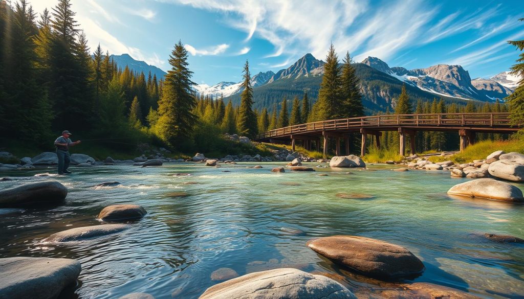 A serene mountain stream in the Carpathian Mountains, with a fly fisherman carefully casting his line into the clear, emerald-green waters, surrounded by dense, lush forests and towering peaks. The soft, diffused sunlight filters through the canopy, casting a warm, golden glow over the scene. In the foreground, smooth river rocks and fallen logs create natural resting spots for the elusive trout, while the middle ground features a wooden footbridge arching over the water, leading the viewer's eye deeper into the picturesque landscape. The background is dominated by majestic, snow-capped mountains, their rugged silhouettes rising majestically against a azure sky dotted with wispy clouds.