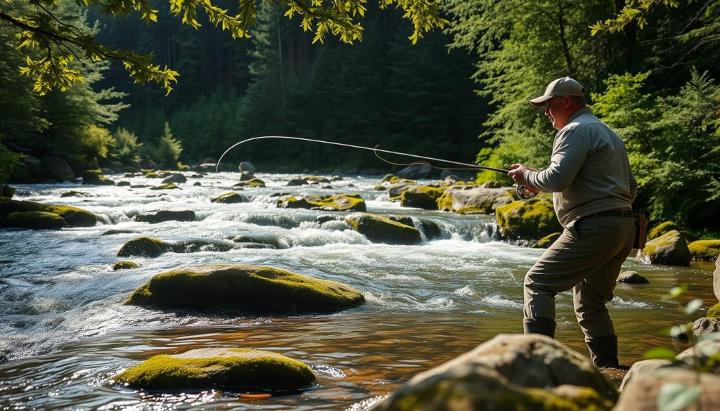 A serene mountain stream in the Carpathians, the sunlight filtering through lush foliage. In the foreground, a fly fisherman casts his line, his movements fluid and focused. Midground, the rushing water cascades over mossy rocks, the trout darting between the eddies. In the background, a dense, verdant forest frames the scene, creating a sense of tranquility and seclusion. The air is crisp and cool, the scent of pine mingling with the earthy notes of the forest floor. The fisherman's gaze is transfixed, attuned to the rhythms of the water and the subtle shifts in the current, anticipating the strike of a prized trout.