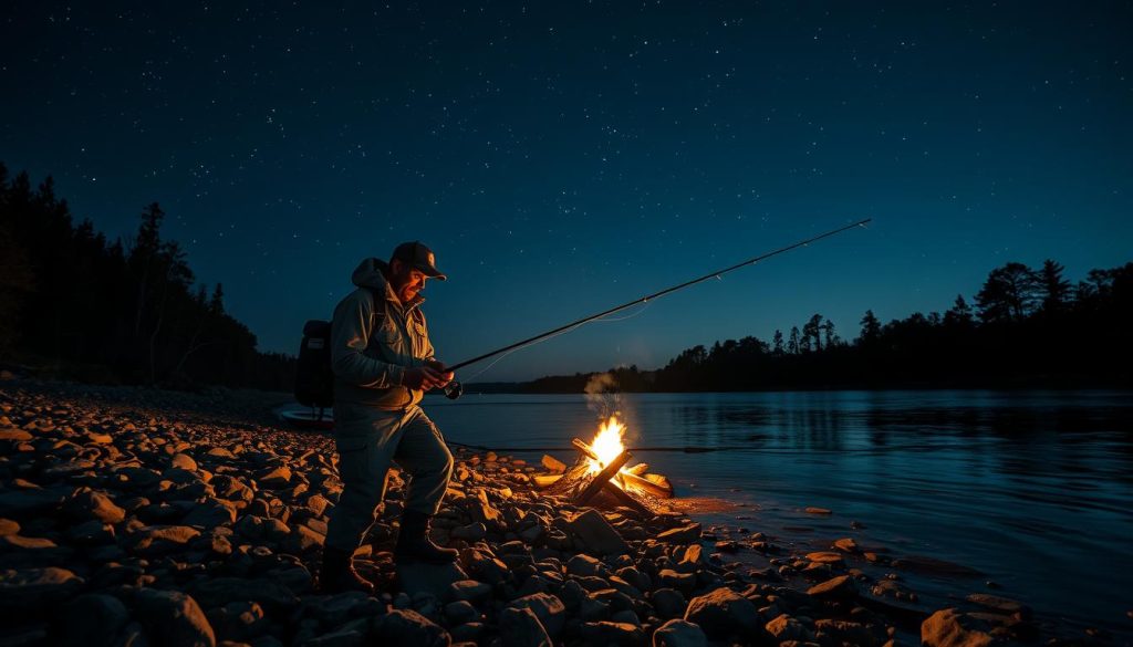 A serene night on the riverbank, the gentle lapping of water and the soft glow of a campfire casting warm shadows. A skilled angler, clad in weathered gear, carefully navigates the rocky shore, their movements practiced and alert. Overhead, a canopy of stars twinkles, illuminating the scene with a tranquil, ethereal light. In the distance, the silhouettes of trees line the horizon, creating a sense of solitude and connection with the natural world. The angler's gaze is focused, their hands steady as they prepare their tackle, mindful of the nuances of night fishing and the importance of safety in this serene yet potentially hazardous environment.