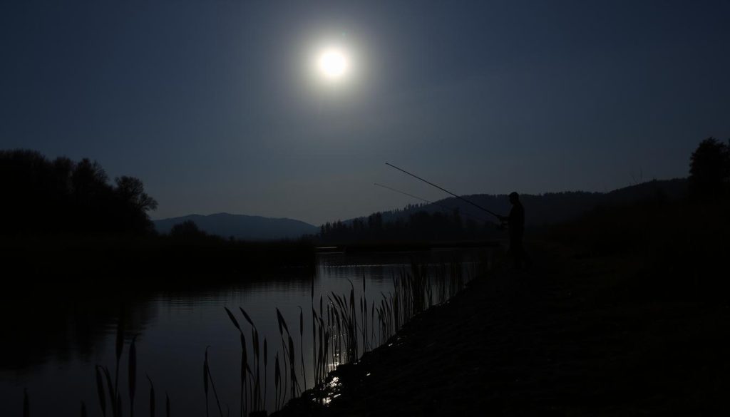A serene night scene along a tranquil river bank, with tall reeds and cattails lining the shore. The moon casts a soft, ethereal glow, illuminating the still waters and the shadowy figures of anglers quietly casting their lines. The silhouettes of trees and distant hills create a sense of depth and atmosphere. The overall mood is one of peaceful contemplation, with the promise of a successful night of fishing for elusive river predators like the prized zander (European Pikeperch).