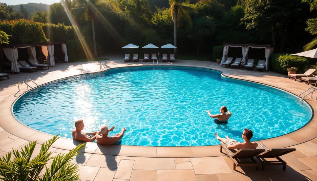 A serene outdoor pool nestled amidst the lush greenery of a tranquil resort getaway. Sunlight dances across the glistening water, casting a warm glow on the surrounding cabanas and lounge chairs. Guests recline in the crisp, refreshing pool, enjoying a moment of peaceful respite from the bustle of the city. The pool's elegant design features clean lines and a natural stone deck, blending seamlessly with the picturesque landscape. A sense of relaxation and rejuvenation permeates the scene, inviting visitors to unwind and immerse themselves in the beauty of this idyllic retreat.
