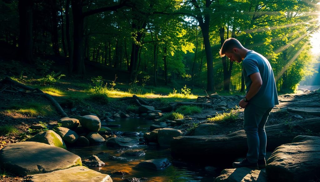 A serene outdoor scene with a lush forest canopy in the background, rays of warm sunlight filtering through the leaves. In the middle ground, a small stream or creek flows gently, with rocks and moss-covered logs lining the banks. In the foreground, a person is carefully observing and interacting with the natural environment, taking care not to disturb the delicate balance. The overall mood is one of tranquility, respect, and a harmonious coexistence between humanity and nature. The lighting is soft, natural, and evocative, drawing the viewer's attention to the details and subtle textures of the scene. The composition is well-balanced, leading the eye through the various layers of the image.