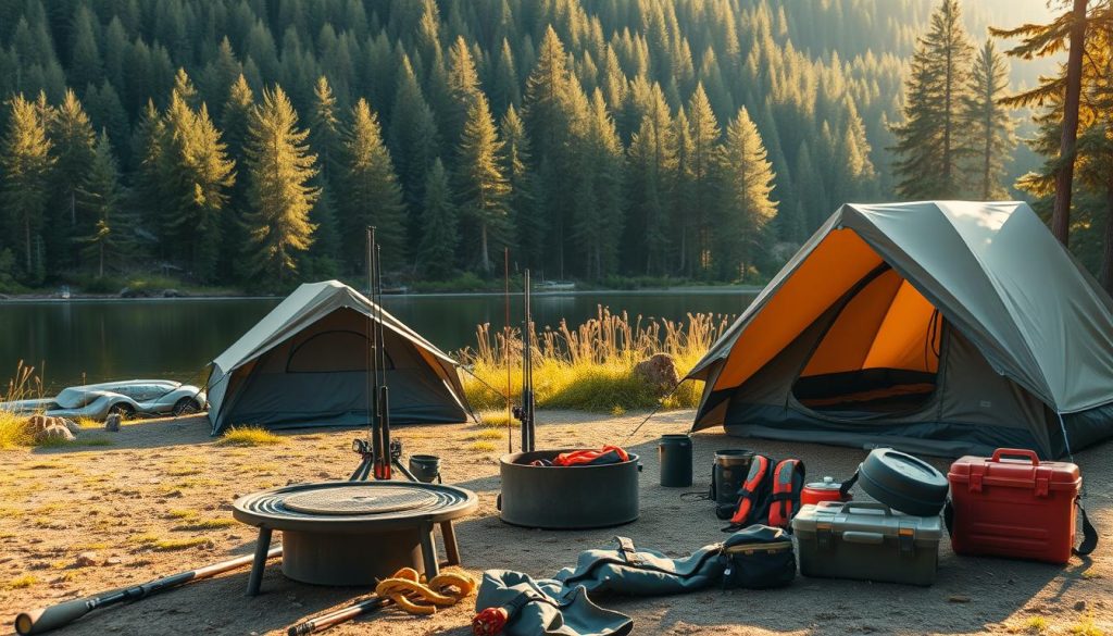 A serene outdoor setting, featuring a lush forest backdrop and a tranquil lake. In the foreground, an array of essential equipment for a fishing camp, including sturdy tents, campfire grates, life jackets, fishing rods, and tackle boxes. The scene is bathed in warm, golden sunlight, creating a cozy and inviting atmosphere. The overall composition conveys a sense of adventure, safety, and the joy of connecting with nature.