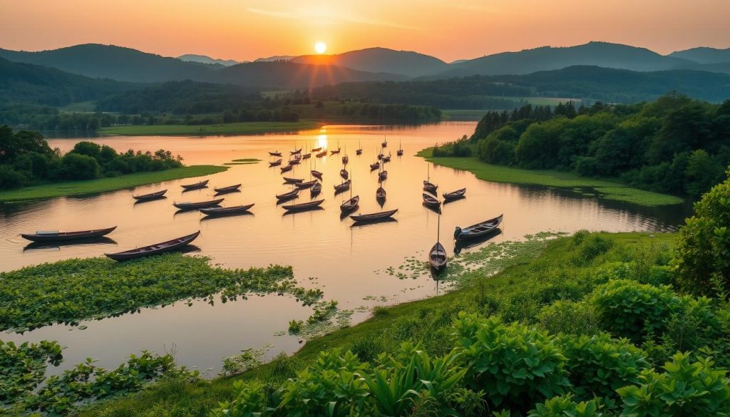 A serene panorama of the Shatsk Lakes, Ukraine's premier fishing destination. In the foreground, a tranquil lake surface reflects the surrounding verdant shoreline, teeming with lush vegetation. The middle ground features an array of traditional wooden fishing boats, their hulls gently rocking on the calm waters. In the distance, rolling hills and dense forests create a picturesque backdrop, bathed in the warm glow of a golden hour sunset. The scene conveys a sense of natural abundance and peaceful solitude, inviting the viewer to imagine the bountiful catches and serene ambiance that await anglers at this premier fishing locale.