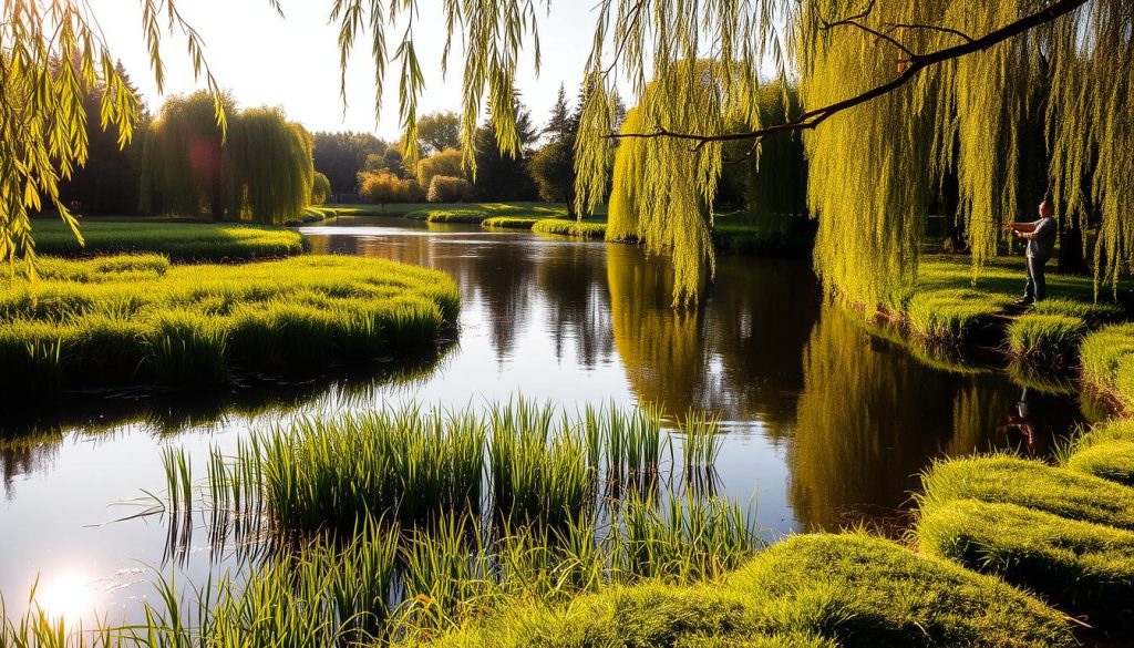 A serene, picturesque pond nestled in the heart of Kyiv, Ukraine. The calm waters reflect the lush, verdant banks adorned with tall grasses and willow trees. In the foreground, an angler casts his line, patiently waiting for a nibble from the well-stocked, thriving fish population. Warm, golden sunlight filters through the branches, casting a soft, inviting glow over the scene. The atmosphere is one of tranquility and leisure, inviting visitors to enjoy a peaceful day of paid recreational fishing in this idyllic urban oasis.