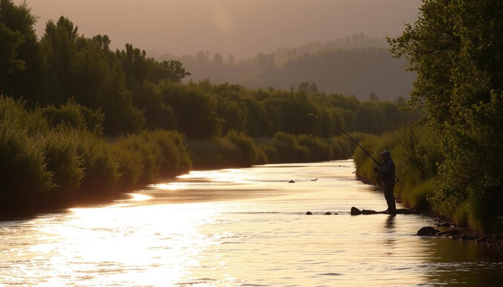 A serene river scene along the banks of the Dnieper River in Ukraine. In the foreground, a fisherman casts his line into the gently flowing waters, the sunlight glimmering on the surface. The middle ground features lush, verdant foliage lining the riverbanks, creating a peaceful, natural setting. In the distance, the silhouettes of hills and trees stretch across the horizon, bathed in a warm, golden glow. The overall atmosphere is one of tranquility and outdoor adventure, capturing the essence of the best fishing spots in Ukraine.