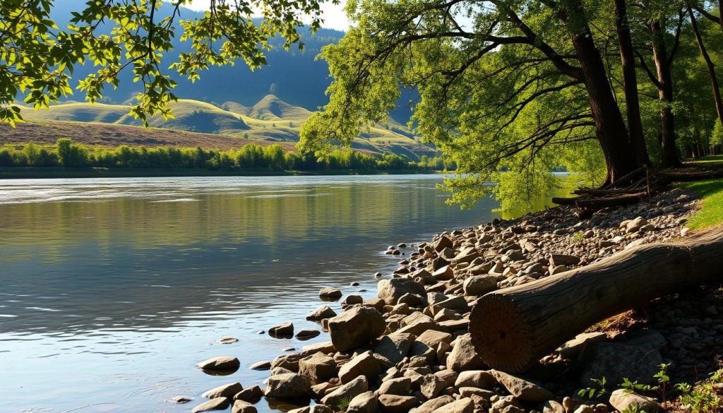 A serene riverbank along the Dniester River, with rolling hills and lush greenery in the background. The calm waters reflect the surrounding landscape, inviting anglers to cast their lines in search of the day's catch. Gentle sunlight filters through the trees, creating a warm, inviting atmosphere. Carefully placed rocks and fallen logs provide ideal spots for fishing, while the sound of rustling leaves and the gentle flow of the river create a soothing ambiance. The scene exudes a sense of tranquility and natural beauty, capturing the essence of the best fishing spots along the Dniester.