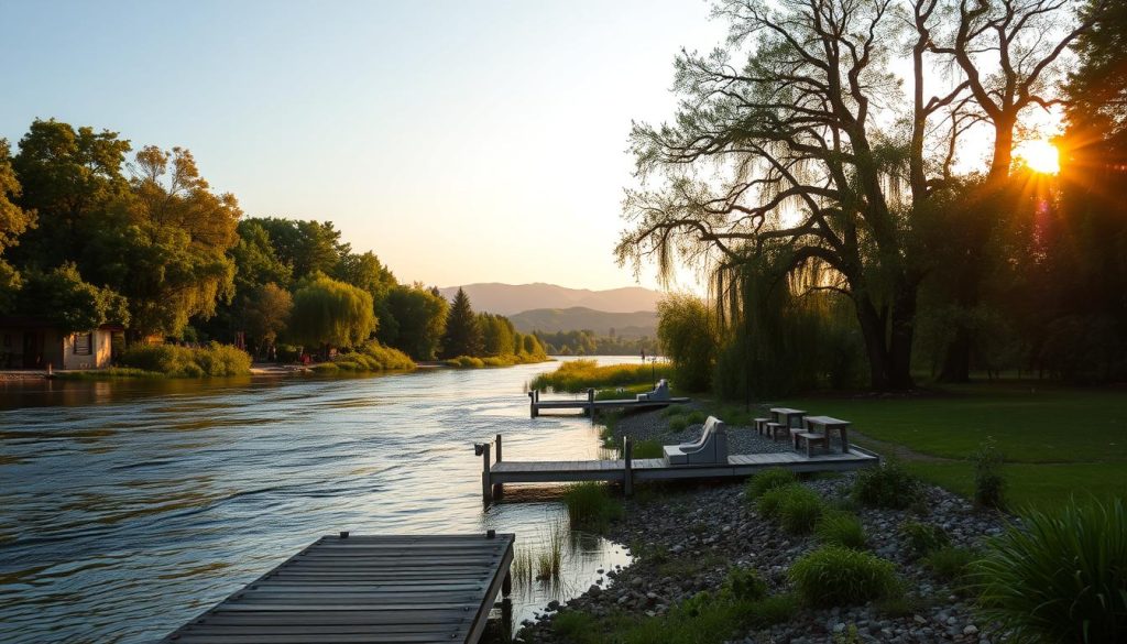 A serene riverbank in the heart of Ukraine, lined with lush, verdant foliage and dotted with ancient, towering trees. The gentle current of the river reflects the warm, golden hues of the setting sun, casting a soft, ambient glow over the tranquil scene. In the foreground, a wooden dock extends into the water, inviting visitors to cast their lines and enjoy the peaceful solitude of the moment. The middle ground features a collection of well-placed, comfortable seating areas, perfectly situated to take in the breathtaking views. In the distance, rolling hills and distant mountains create a stunning, natural backdrop, completing the picturesque landscape. The overall atmosphere is one of serene relaxation, perfectly capturing the essence of a summer day spent by the river.