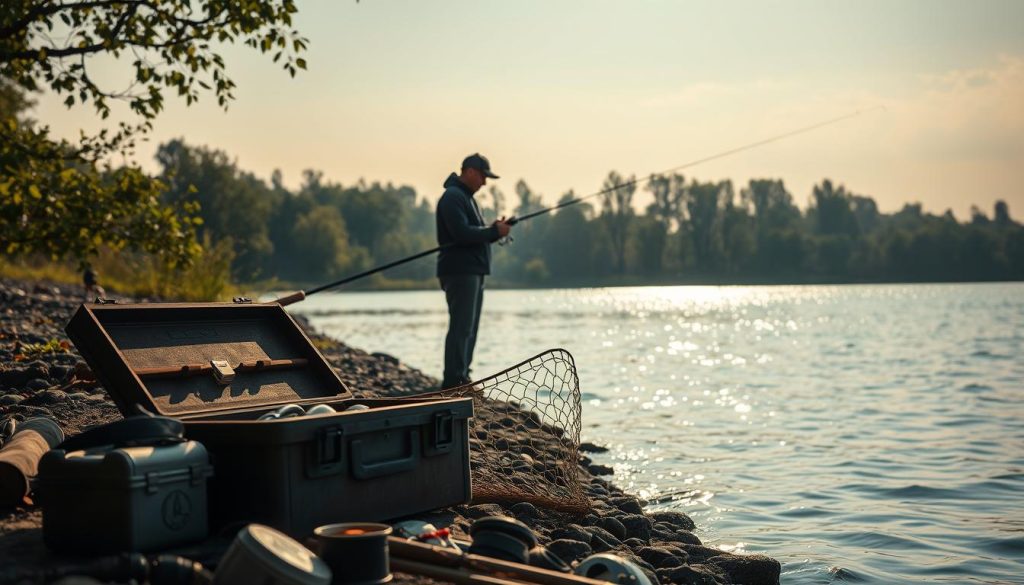 A serene riverbank on the Dnieper River, with a fisherman patiently casting his line into the calm, glistening waters. In the foreground, an array of fishing gear, including a well-worn tackle box and a weathered landing net, hints at the practical advice to be shared. The middle ground features lush, verdant foliage and the silhouettes of distant trees, creating a sense of depth and tranquility. The background showcases the broad expanse of the river, with a touch of mist or fog adding an atmospheric quality. Soft, diffused natural lighting illuminates the scene, casting a warm, golden glow and highlighting the subtle textures of the environment. The overall mood evokes a sense of peaceful contemplation and the rewards of a successful, thoughtful approach to fishing.