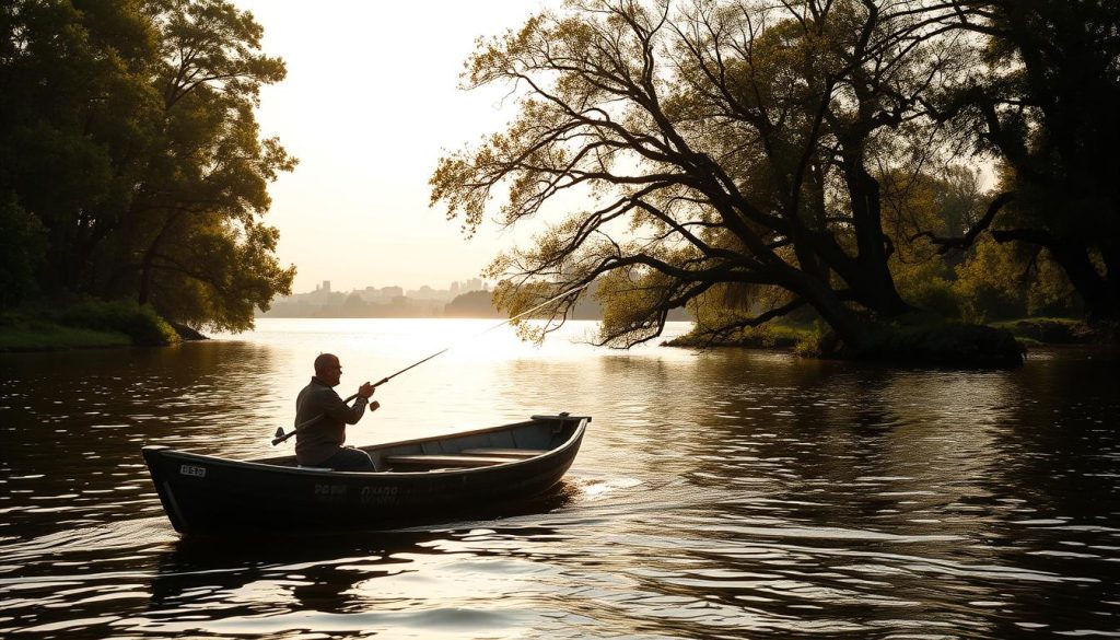 A serene riverscape along the Dnieper River, showcasing a passionate angler's personal fishing experience. In the foreground, a weathered, wooden boat gently drifts on the tranquil waters, its occupant skillfully casting a line. The middle ground reveals a lush, verdant shoreline dotted with towering trees, their branches casting soft, dappled shadows across the scene. In the distance, the majestic Dnieper River unfolds, its glimmering surface reflecting the golden hues of the setting sun. The atmosphere exudes a sense of peaceful solitude, inviting the viewer to immerse themselves in the joy and wonder of the angler's solitary pursuit.