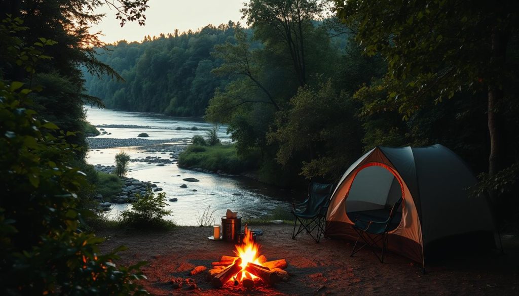 A serene riverside campsite nestled amidst lush green foliage. In the foreground, a cozy tent flanked by a crackling campfire and folding chairs, inviting weary travelers to rest. The middle ground features a gently flowing river, its surface reflecting the warm hues of the sunset. Beyond, a dense forest canopy casts soft, dappled shadows, creating an atmosphere of tranquility. The scene is illuminated by a golden, natural light, capturing the essence of an idyllic camping experience by the water's edge. A landscape that embodies the perfect spot for a peaceful and rejuvenating riverside retreat.