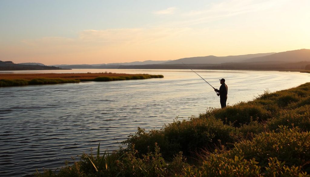 A serene riverside landscape along the Dnieper River, capturing the essence of fishing seasons. In the foreground, a tranquil stretch of water reflects the changing hues of the sky, with a fisherman casting their line. In the middle ground, lush vegetation lines the riverbanks, hinting at the diverse ecosystem that thrives in this natural setting. The background features rolling hills and a distant horizon, creating a sense of depth and scale. The scene is bathed in warm, golden light, conveying a sense of peaceful solitude and the timeless allure of fishing on the Dnieper.