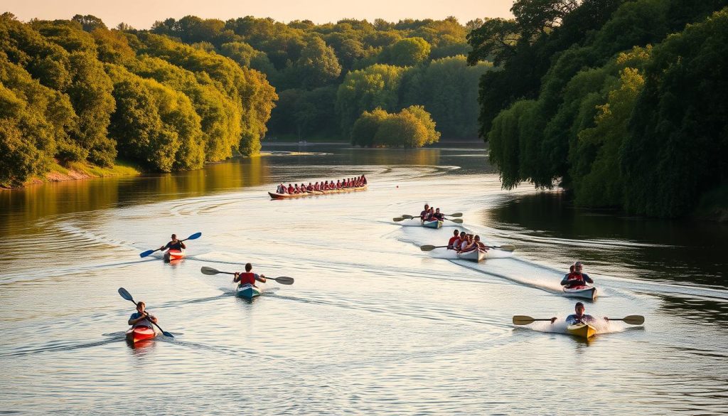 A serene riverside landscape with majestic trees and lush greenery lining the banks of the Dnieper River. In the foreground, a group of athletes engaged in various water sports, their movements captured in mid-action. Kayakers glide across the calm waters, their paddles creating gentle ripples. Nearby, a team of rowers synchronize their strokes, their boat cutting through the surface with grace. In the distance, a swimmer slices through the river, their powerful strokes propelling them forward. The scene is bathed in warm, golden sunlight, creating a sense of tranquility and accomplishment. The overall atmosphere conveys the spirit of sports achievements and records set along the Dnieper River.
