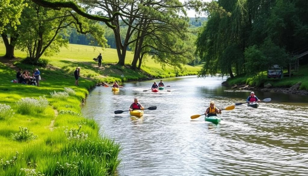 A serene riverside scene along the Desna River, with people engaged in various outdoor activities. In the foreground, kayakers navigate the gentle current, their paddles creating ripples on the water's surface. Along the grassy banks, hikers traverse winding trails, taking in the lush, verdant scenery. In the middle ground, a group of friends set up a picnic, enjoying a moment of relaxation amidst the tranquil surroundings. The background is framed by towering trees, their branches swaying in the soft breeze, casting dappled sunlight across the scene. The overall atmosphere is one of peaceful harmony, inviting visitors to immerse themselves in the beauty of active recreation along the Desna River.