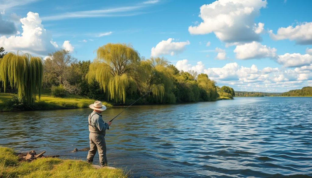 A serene riverside scene along the Dnieper River in central Ukraine, with a fisherman casting his line into the tranquil waters. The lush, verdant banks are dotted with tall willows, their branches gently swaying in the soft breeze. The sky is a brilliant azure, with fluffy white clouds drifting overhead, casting soft shadows on the rippling surface below. The fisherman, clad in waders and a wide-brimmed hat, stands patiently, focused on the task at hand, surrounded by the abundance of this renowned fishing destination. The composition captures the peaceful essence of this central Ukrainian landscape, a testament to the natural riches that draw anglers to these fertile waters.