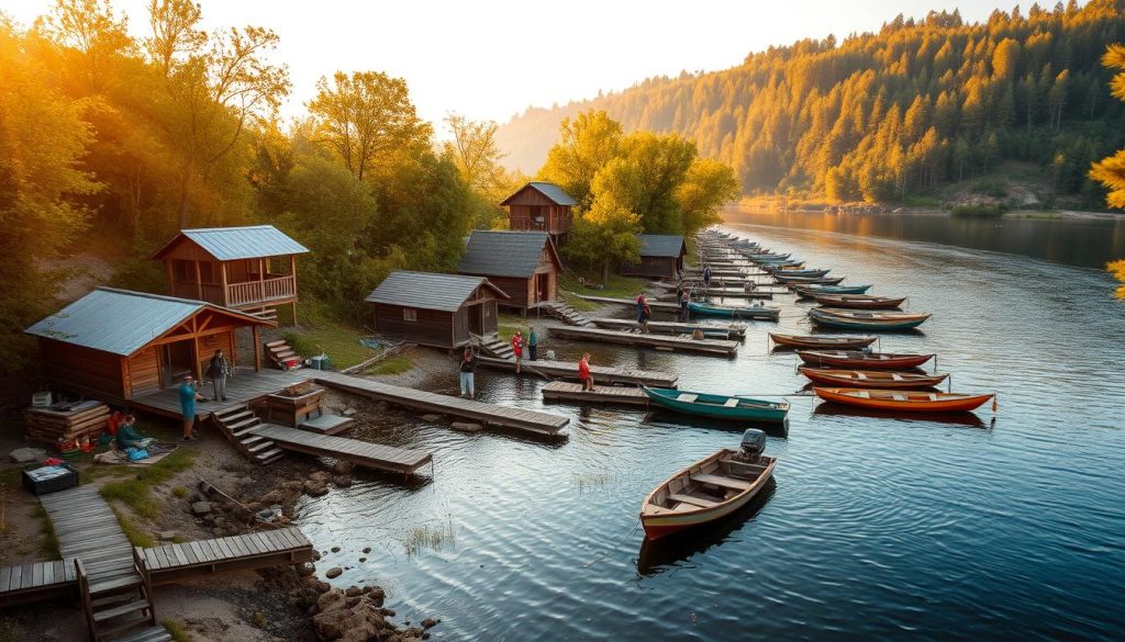 A serene riverside scene featuring several well-equipped fishing lodges and camps nestled along the banks of the Dnieper, Dniester, and Southern Bug rivers. Wooden cabins and open-air shelters dot the shoreline, surrounded by lush greenery and weathered docks. Anglers can be seen casting their lines into the tranquil, gently flowing waters, while traditional fishing boats and equipment are neatly arranged nearby. Warm, golden sunlight filters through the trees, creating a welcoming and picturesque atmosphere perfect for a day of relaxation and recreational fishing.