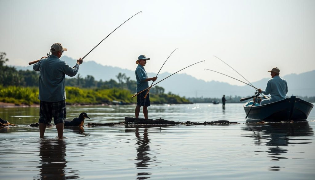 A serene riverside scene showcasing various fishing techniques. In the foreground, an angler skillfully casts a line, their reflection rippling on the calm water. In the middle ground, a fisherman patiently waits with a traditional bamboo rod, while another nearby deftly maneuvers a small boat. In the background, the shoreline is dotted with lush greenery and the silhouettes of distant mountains. The scene is bathed in soft, natural lighting, creating a tranquil and immersive atmosphere that captures the essence of successful fishing.