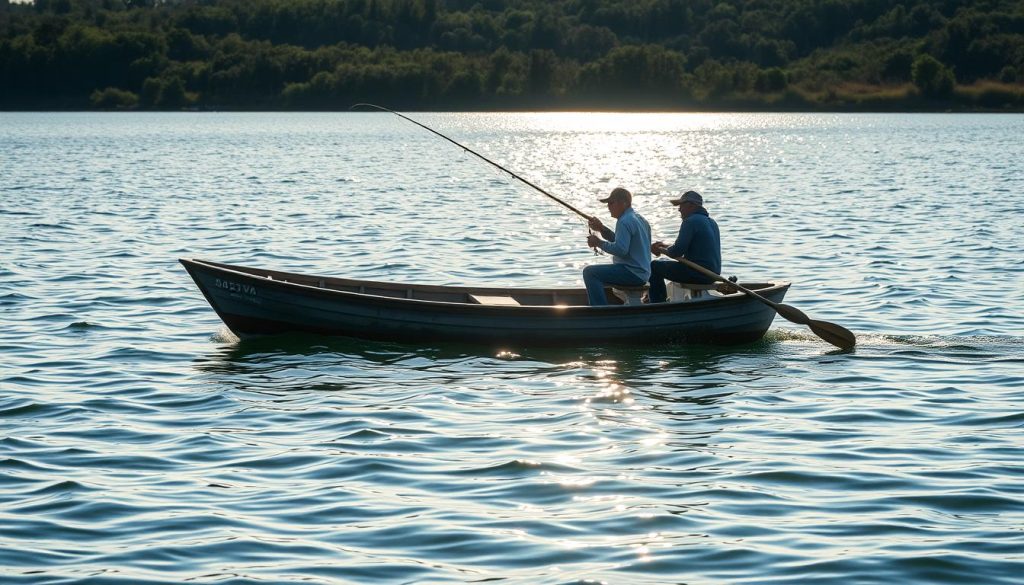 A serene scene of a small fishing boat gliding across a tranquil lake, its occupants engaged in the art of angling. The sun casts a warm glow, casting soft shadows across the rippling waters. In the foreground, the fishermen skillfully cast their lines, their movements precise and deliberate. The middle ground showcases the boat's sleek design, with wooden oars and a weathered hull. In the distance, the shoreline is dotted with lush greenery, creating a picturesque backdrop. The atmosphere is one of peaceful concentration, with the sound of lapping waves and the occasional bird call adding to the overall ambiance. This image captures the essence of the "Техники ловли с лодки" section, inviting the viewer to immerse themselves in the tranquil world of lake fishing.