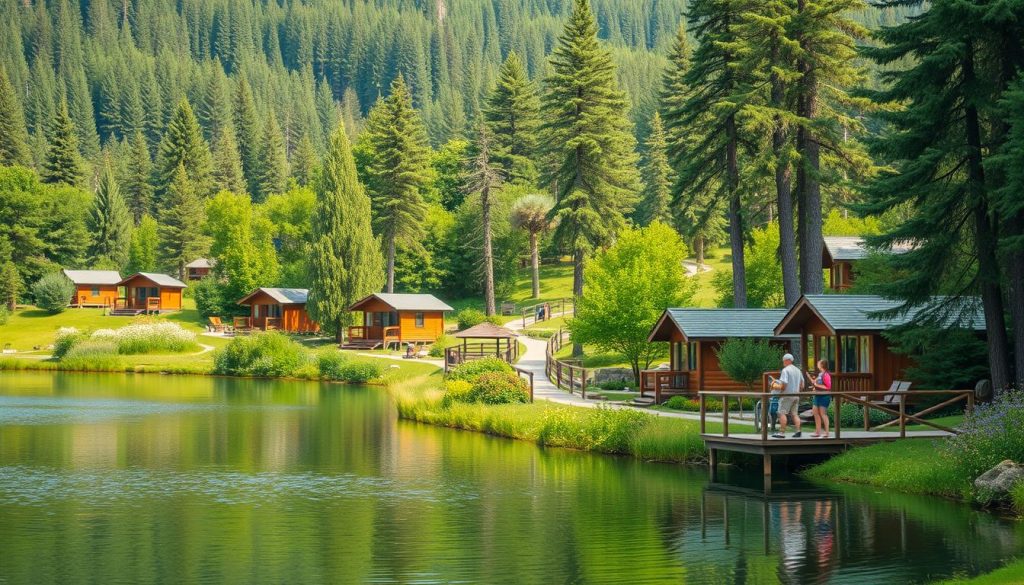 A serene, secluded eco-resort nestled in lush, verdant surroundings. The foreground depicts a tranquil lake, its waters reflecting the picturesque wooden cabins and walkways that dot the shoreline. A family enjoys a peaceful moment, fishing from a small pier. The middle ground showcases a well-maintained nature trail, winding through vibrant foliage and flowering plants. In the background, tall, swaying pine trees create a natural, calming atmosphere. Soft, natural lighting bathes the scene, highlighting the harmony between the resort and its pristine, environmentally-conscious setting. An idyllic representation of a family-friendly, nature-focused vacation destination.
