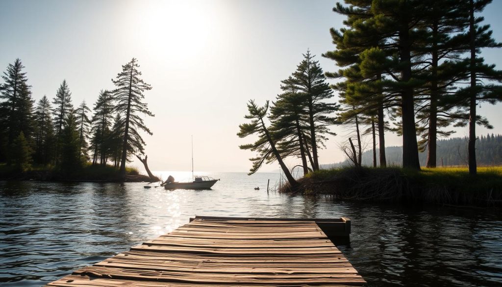 A serene shoreline on a remote Ukrainian island, the sun's warm rays casting a golden glow over the calm waters. In the foreground, a weathered wooden dock extends into the lake, inviting anglers to cast their lines and seek the elusive catch of the day. Towering pine trees border the shore, their evergreen boughs swaying gently in the breeze. In the middle ground, a small fishing boat rests peacefully, its occupants patiently waiting for the next nibble on their lines. The distant backdrop reveals a hazy horizon, where the island's lush, verdant landscape meets the boundless sky. The overall atmosphere exudes a sense of tranquility and the simple pleasures of a fishing getaway amidst the natural wonders of Ukraine's island destinations.