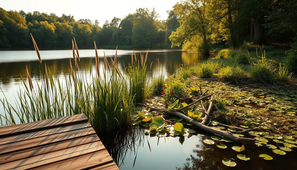 A serene summer day by a tranquil lake, its calm waters reflecting the verdant shoreline. In the foreground, a wooden dock extends into the water, its weathered planks offering an ideal vantage point for an angler seeking the elusive carp. Tall reeds sway gently in the soft breeze, providing cover and concealment for the wary fish. The middle ground reveals a lush, overgrown bank, dotted with clusters of water lilies and fallen branches, creating a natural sanctuary for the carp. In the distance, a dense forest frames the scene, its towering trees casting long shadows across the lake's surface. Warm, golden sunlight filters through the canopy, casting a soft, diffused glow over the entire composition. The overall atmosphere evokes a sense of tranquility and serenity, the perfect setting for a day of relaxed, rewarding carp fishing.