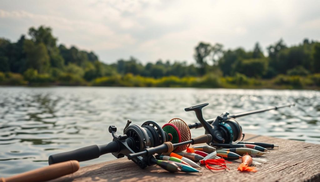 A serene summer day by a tranquil lake, the surface gently rippling. In the foreground, an array of meticulously crafted carp fishing gear: sleek rods, precision reels, and an assortment of carefully selected baits and lures. The middle ground features a picturesque shoreline, with verdant trees and lush vegetation providing a natural backdrop. Soft, diffused lighting casts a warm, golden glow over the scene, creating an atmosphere of peaceful contemplation. The composition is balanced, with the fishing equipment positioned prominently, yet harmoniously integrated into the serene natural setting. This image captures the essence of the perfect summer carp fishing experience.